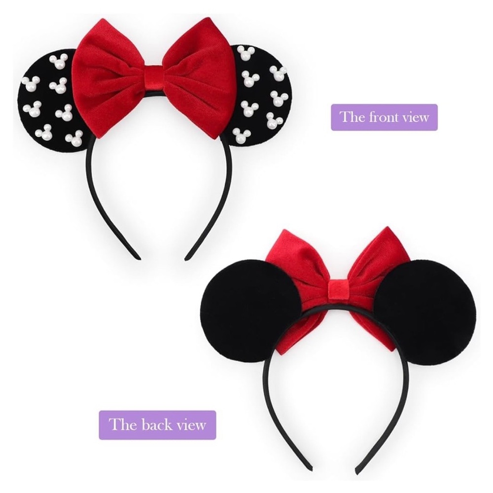Pearl-Studded Minnie Ear Headband with Red Velvet Bow